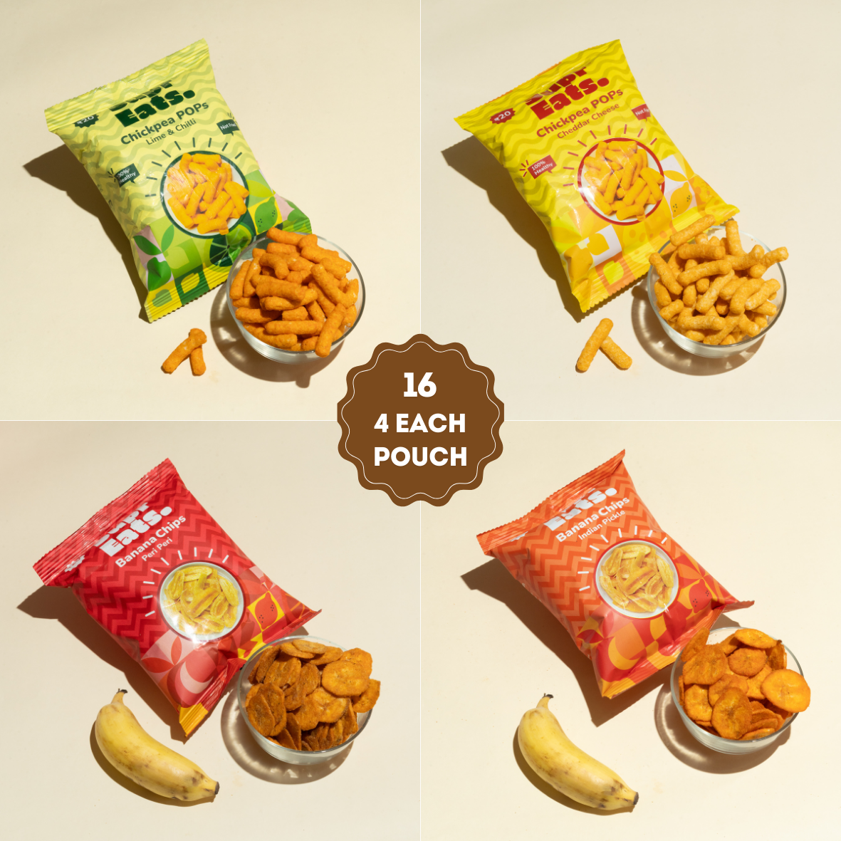 Banana Chips | Chickpea PoPs | Each pack 4X | 16 Pouch